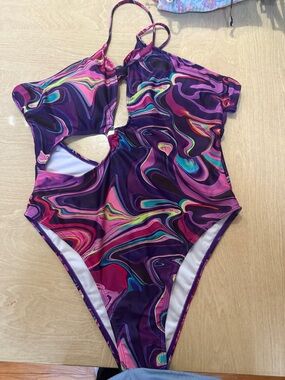 SHEIN Purple Swirl Cutout One-Piece Swimwear